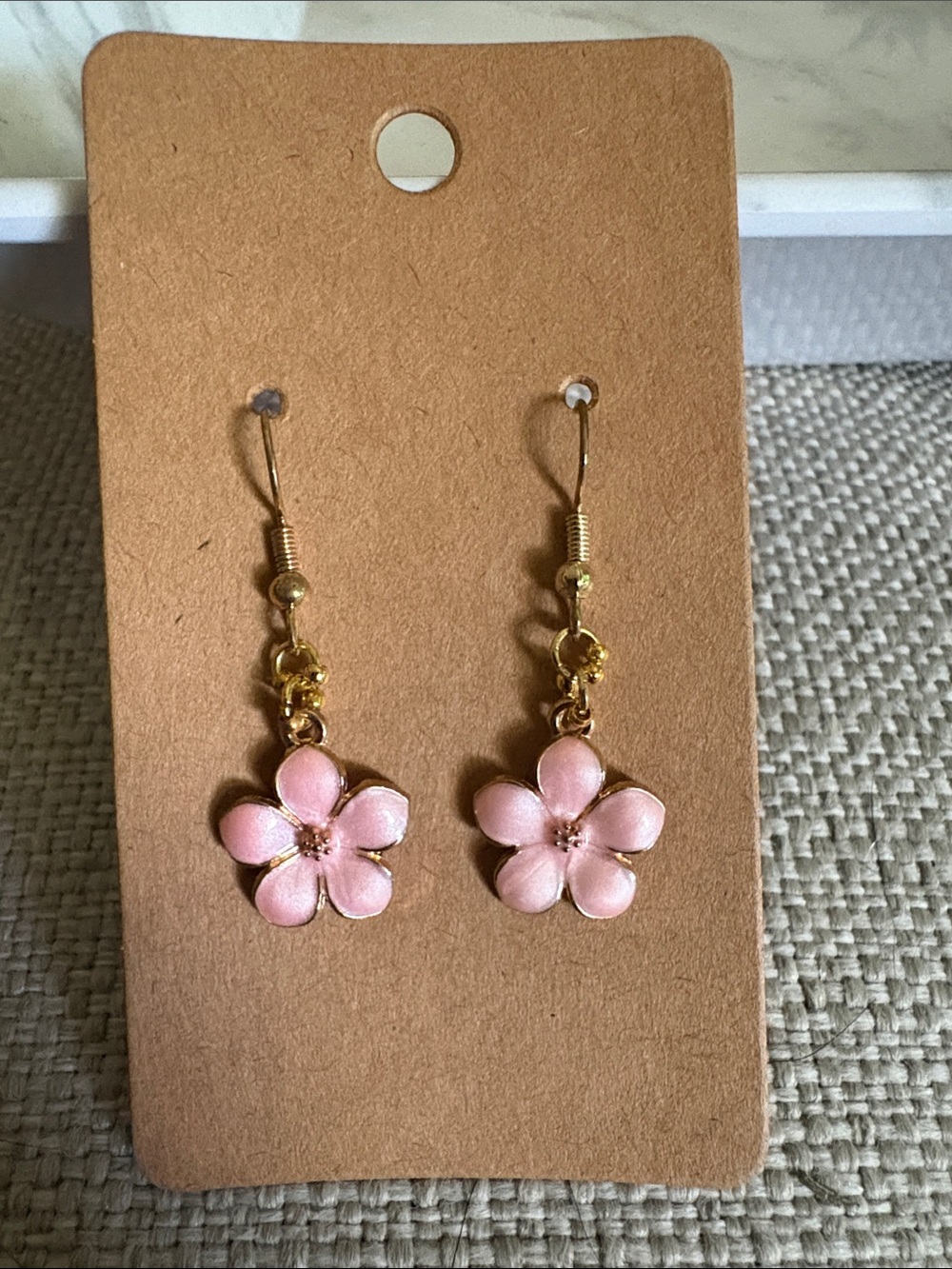 Pink Floral Drop Earrings - Gold Tone
